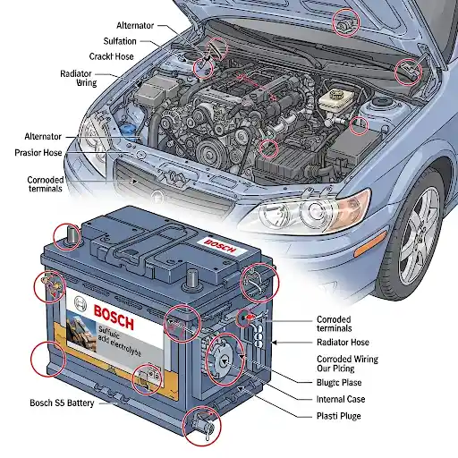 Một bình ắc quy ô tô Bosch được đặt ở phía trước khoang động cơ ô tô mở làm nổi bật điểm yếu của bình ắc quy ô tô và các bộ phận động cơ