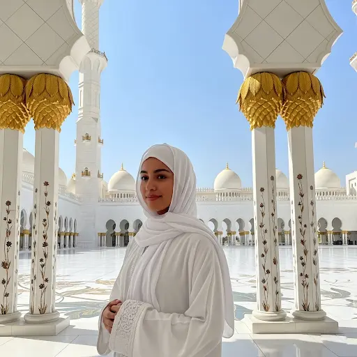 Người ăn mặc giản dị theo quy định về trang phục tại Nhà thờ Hồi giáo Sheikh Zayed ở Abu Dhabi