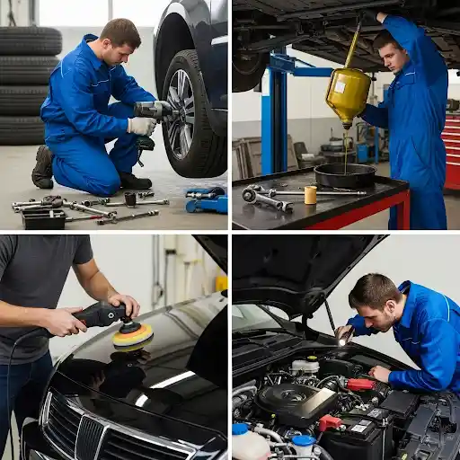 Nhiều khía cạnh khác nhau của việc bảo dưỡng xe định kỳ bao gồm dịch vụ lốp xe thay dầu đánh bóng và kiểm tra động cơ