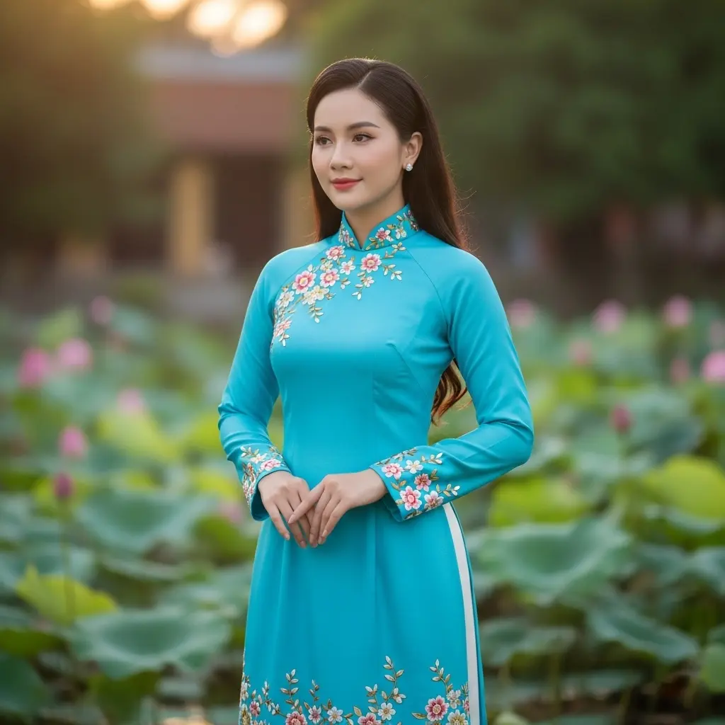 Người phụ nữ mặc áo dài truyền thống Việt Nam màu xanh ngọc lam thêu hoa