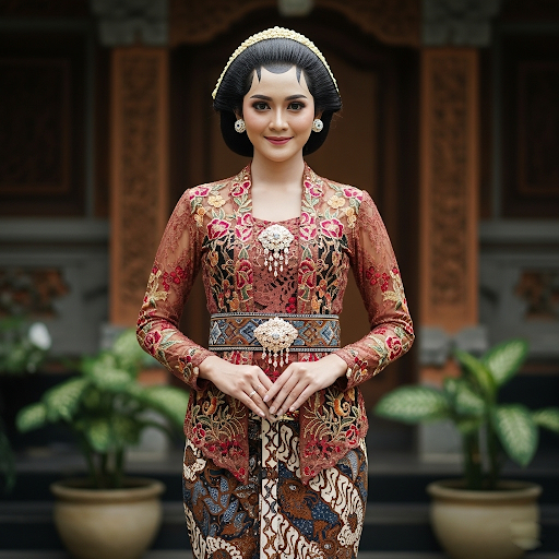Một người phụ nữ mặc trang phục Kebaya truyền thống của Indonesia với áo thêu màu nâu đỏ và xà rông batik thể hiện phong cách thời trang văn hóa Indonesia