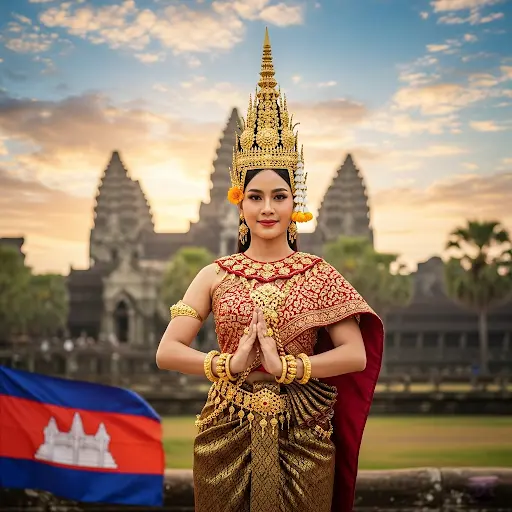 Trang phục sampot truyền thống của Campuchia với trang sức vàng và mũ miện tinh xảo tôn vinh di sản văn hóa