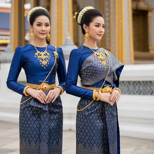 Trang phục truyền thống của người Thái - Chut Thai với chất liệu vải lụa thanh lịch và phụ kiện bằng vàng
