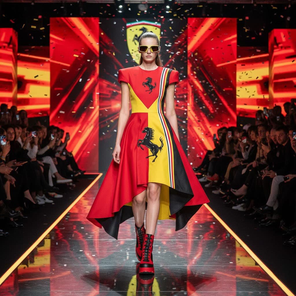 Người mẫu trình diễn bộ sưu tập thời trang Ferrari với trang phục rực rỡ màu đỏ, vàng và đen