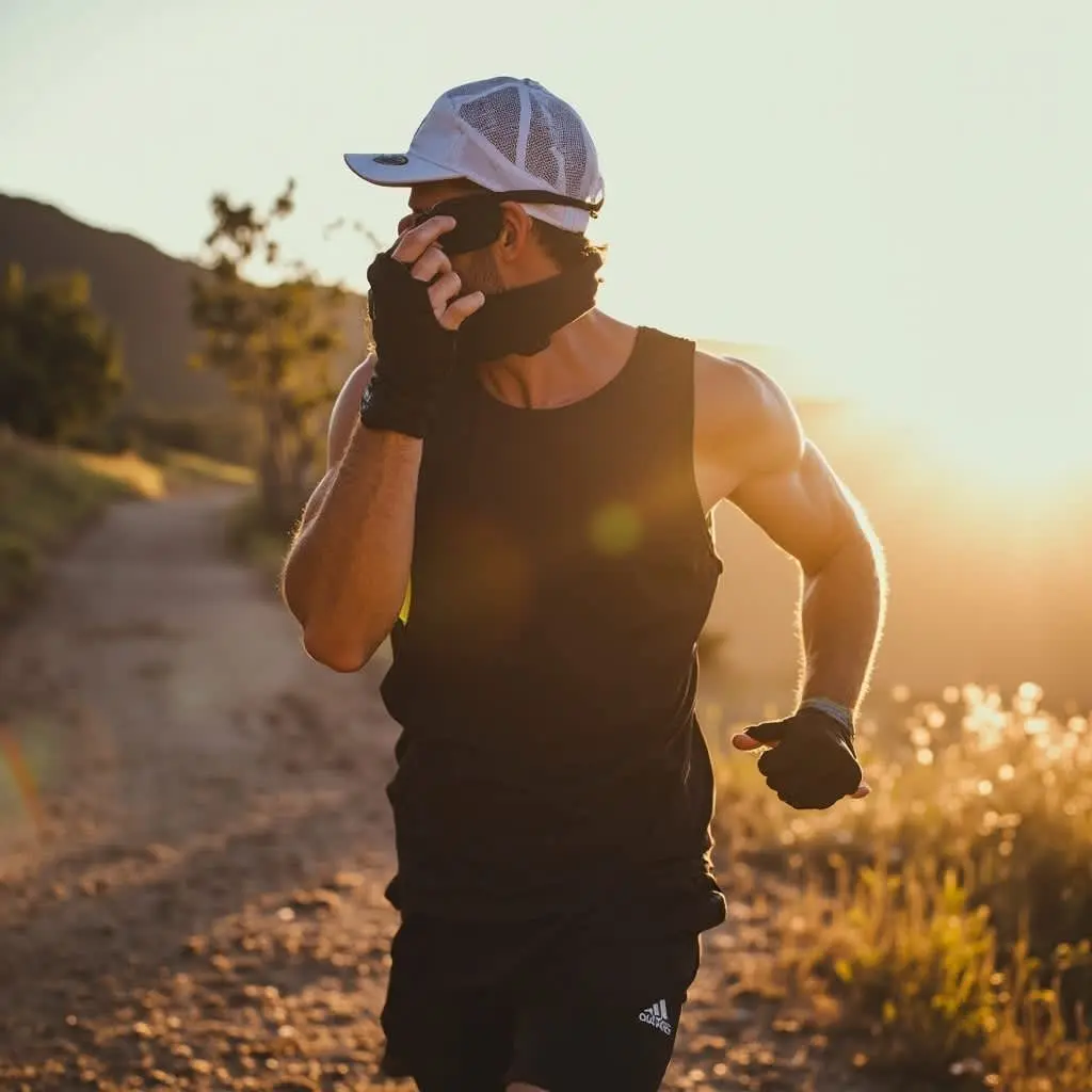 Người chạy bộ sáng sớm đeo kính bảo vệ