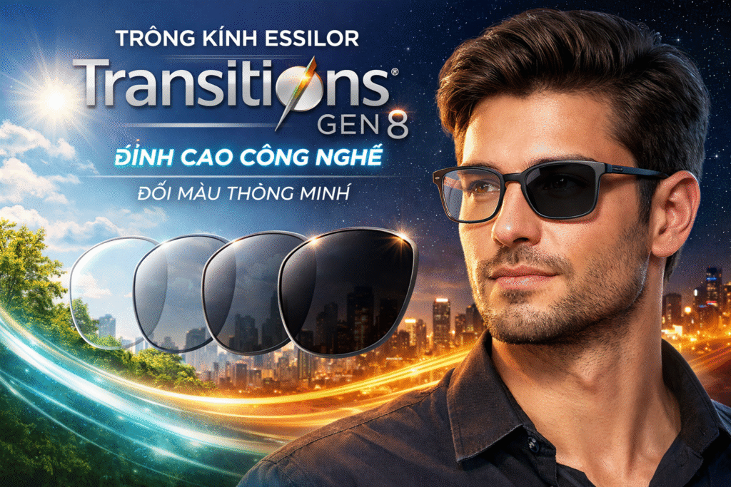 Tròng Kính Essilor Transitions Gen 8: Công Nghệ Đổi Màu Thông Minh & Bảo Vệ Mắt Toàn Diện