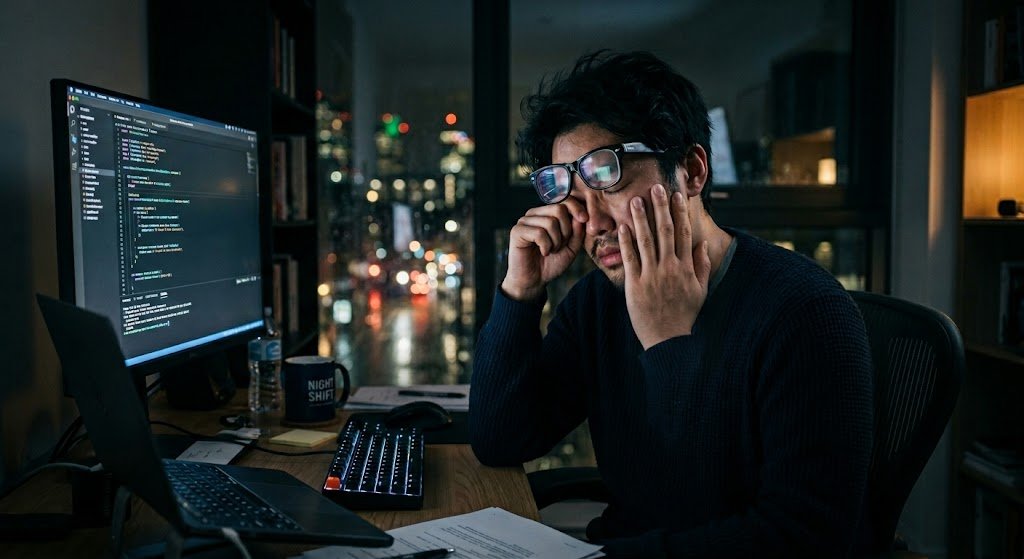 Người bị mỏi mắt vì chọn sai tròng kính khi làm việc văn phòng