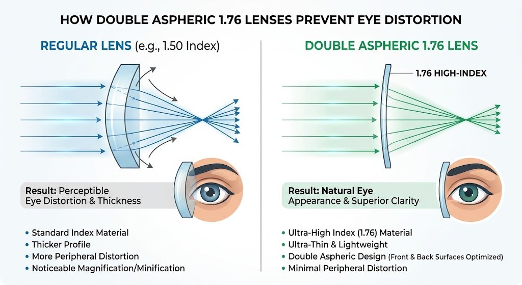 Tròng kính chiết suất 1.76 Double Aspheric mỏng nhất cho cận cực nặng