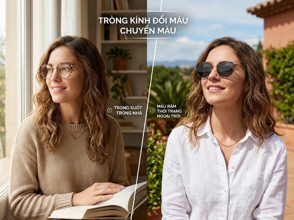 Tròng kính đổi màu photochromic transition từ trong suốt sang tối khi ra ngoài nắng