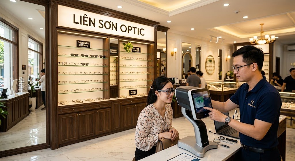 Liên Sơn Optic — tư vấn kính đa tròng chuyên nghiệp, đo tâm mắt PD chuẩn xác và bộ sưu tập gọng kính chính hãng