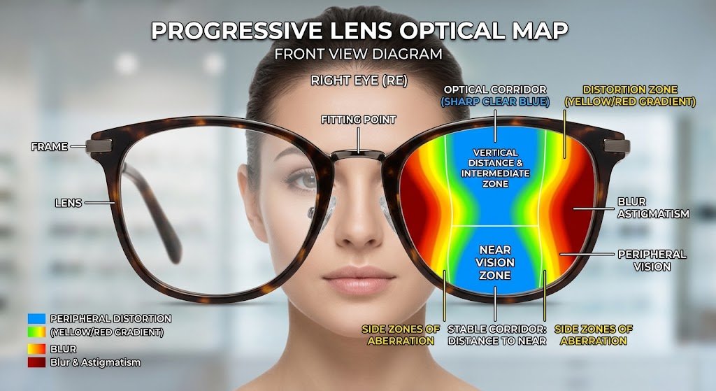 Vùng mờ biến dạng hai bên hành lang thị giác trong kính đa tròng — nguyên lý quang học progressive lenses