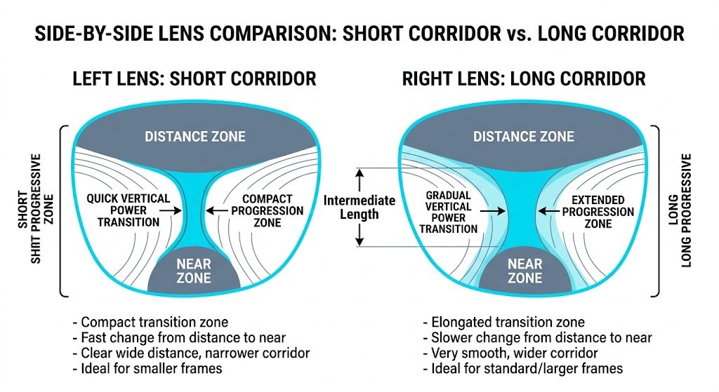 So sánh hành lang ngắn và hành lang dài trong kính đa tròng progressive lenses