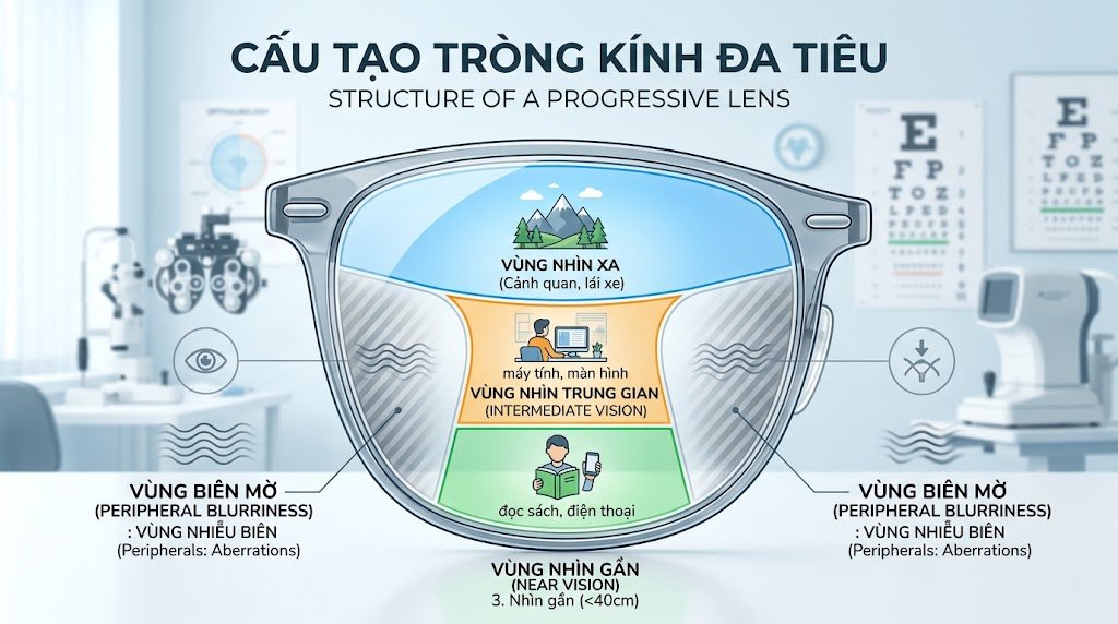 Nguyên lý hoạt động của tròng kính đa tròng — 4 vùng quang học từ nhìn xa đến nhìn gần