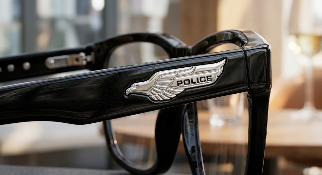 Chi tiết càng kính POLICE VPLU60 0700 với biểu tượng đôi cánh đại bàng chạm khắc tinh xảo