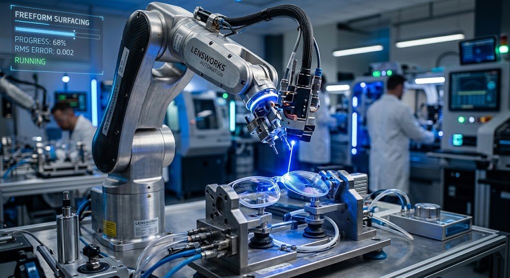 Công nghệ Freeform kỹ thuật số đánh bóng mặt sau tròng kính — máy mài CNC độ chính xác micromet