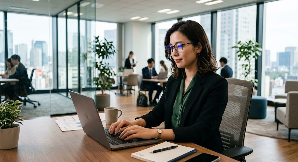 Cha mẹ làm việc trước màn hình máy tính với tròng kính chống ánh sáng xanh từ Mắt Kính Liên Sơn