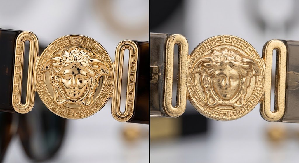 So sánh logo Medusa trên kính Versace thật và giả — chi tiết rãnh tóc và biểu cảm khuôn mặt