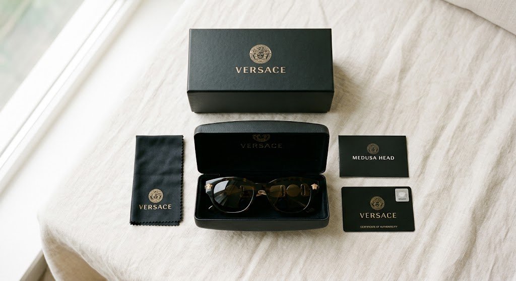 Hộp đựng kính Versace chính hãng với logo Medusa dập nổi, khăn lau microfiber và thẻ Authenticity Card