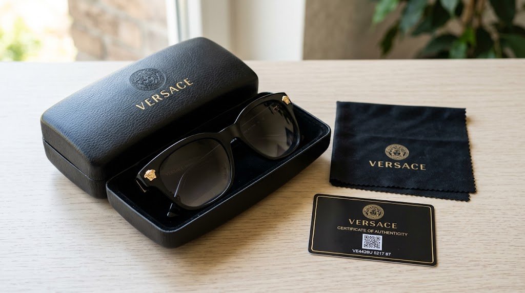 Cách phân biệt kính Versace thật giả – tem bảo hành, logo Medusa, khắc laser tròng kính