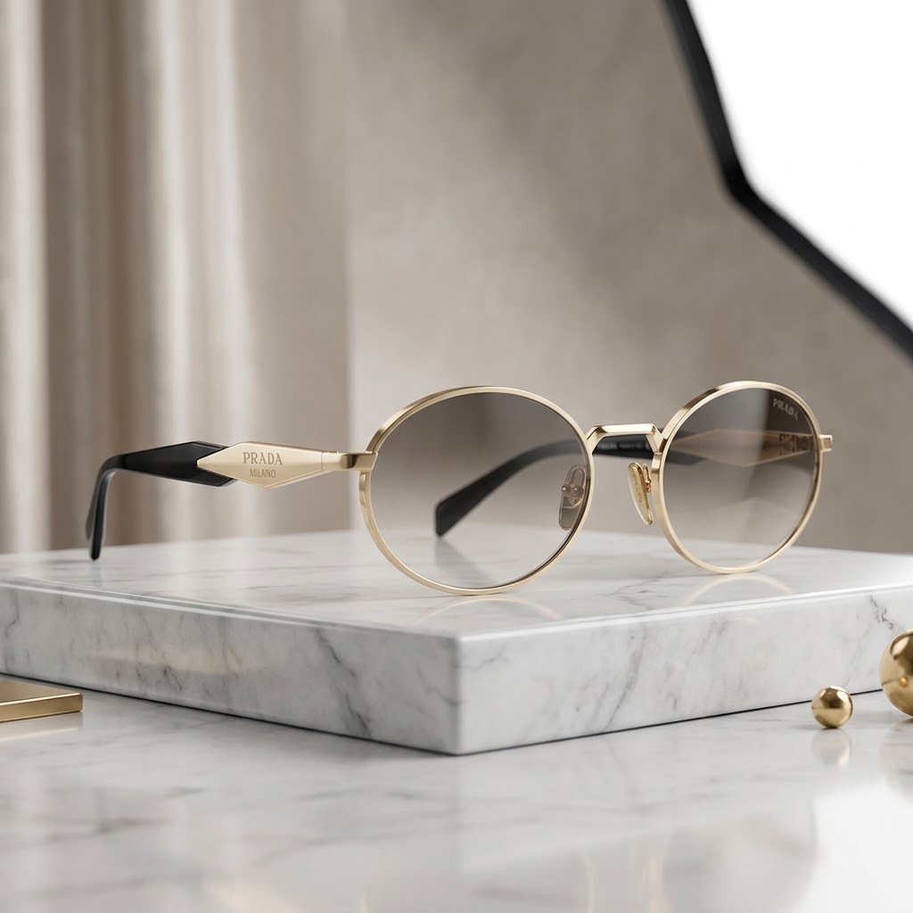 Kính mát Prada PR 65ZS ZVN09T – phom oval kim loại vàng nhạt Made in Italy