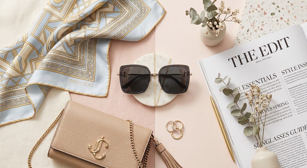 Bộ sưu tập kính mắt Jimmy Choo được trưng bày flatlay